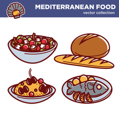 Mediterranean cuisine food traditional dishes vector icons set for restaurant menu