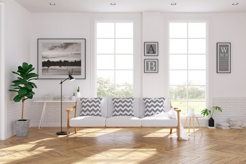 Scandinavian living room  interior design, white sofa on wood floor ,white room,3Drender