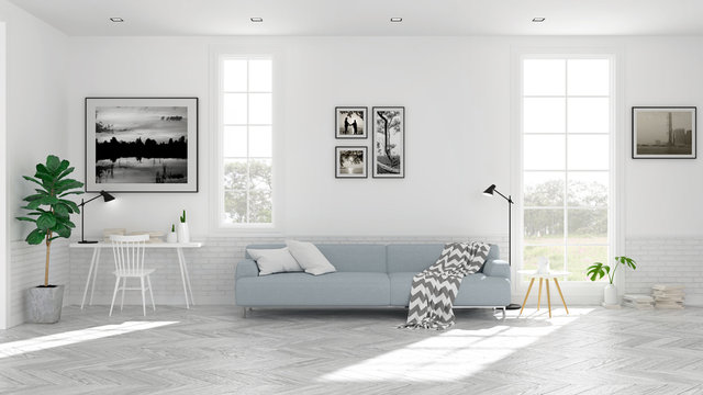 Scandinavian living room  interior design, light blue sofa on wood floor ,white room,3Drender