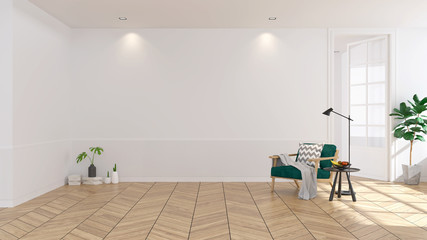 Modern scandinavian  style , living room  interior  concept, green armchair  on wood floor with white wall,3Drender