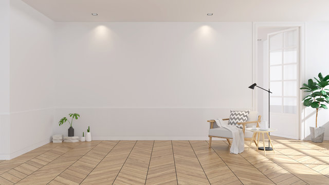 Modern scandinavian  style , living room  interior  concept,  white armchair on wood floor with white wall,3Drender