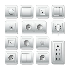 Socket electirc outlet, light switch and cable inlet vector 3D icons