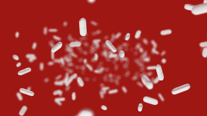 Falling white pills on red background