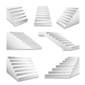 Stairs or staircases and podium stairway ladders vector 3D isolated icons set