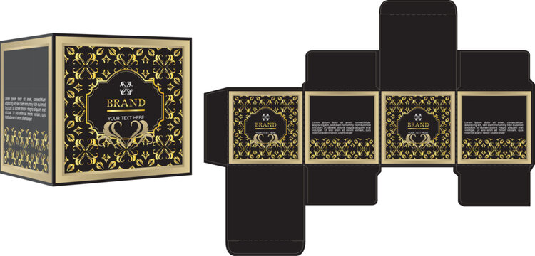 Packaging design, black and gold luxury box design template and mockup box. Illustration vector
