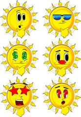 Cartoon sun thinking. Collection with various facial expressions. Vector set.