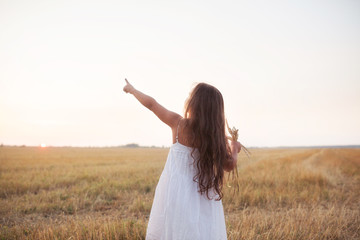Little beautiful smiling girl on a gold wheat field walking at sunset. Happy five years old girl smiling and laughing in summer day at nature. Happyness freedom and carefree childhood concept © 4frame group