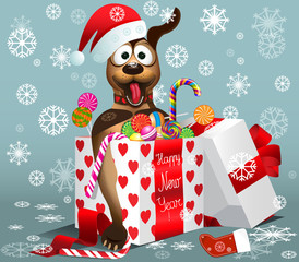 Merry Christmas,Happy New Year card on snowflakes background.Cute dog as a symbol of the year 2018 in santa cap with colorful sweets in gift box.Happy New Year text.Christmas vector illustration.