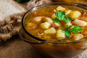 White bean soup with potatoes and bacon