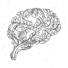 Healthy brain vector concept illustration. Tree and leaves in form of brain. Hand draw helthy conceptual brain illustration with light texture