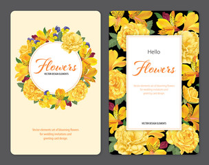Fototapeta premium \\Beautiful alstroemeria lily flowers with roses on black and yellow background template. Vector set of blooming floral for wedding invitations and greeting card design.