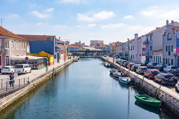 Traditional colourd boats on the canal in Aveiro, Portugal