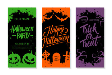 Happy Halloween set. Party invitation, greeting card and holiday flyer template with hand lettering, traditional symbols and brush stroke. Vector illustration.