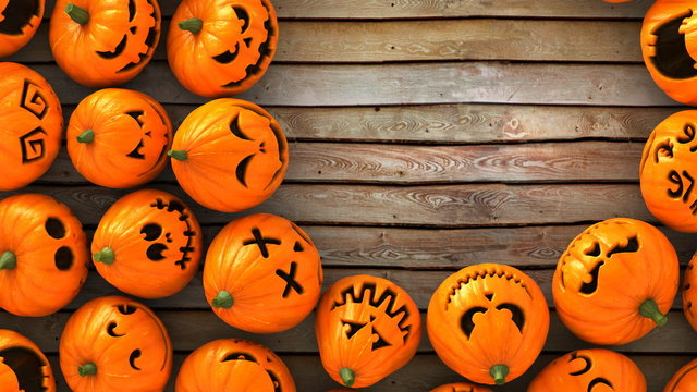 3D Render of a lot of funny Jack-O-Lantern or Halloween pumpkins on wood ground look at the same point. With circle space on the Up Right and ready to make a card.