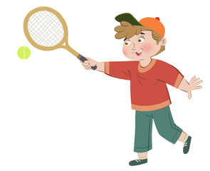 Small boy playing long tennis cartoon character