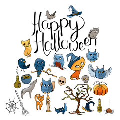 Doodle Halloween symbols and calligraphy phrase Happy Halloween