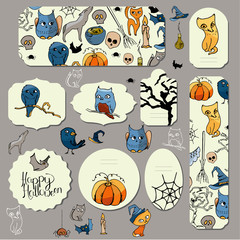 Halloween symbols on stickers and banners.