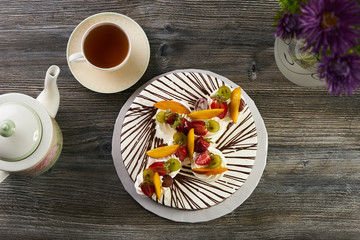 White cream cake with mixed fruity