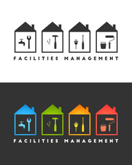 Facilities managment logo concept. Wrench, hammer, screwdriver amd paint roller  icons.  - obrazy, fototapety, plakaty