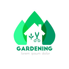 Gardening logo concept with house and green hedge bushes