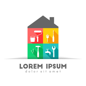 House with tool icons in colorful flat design