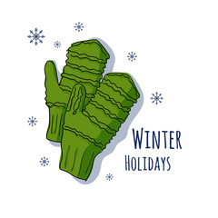 Winter mittens. Vector illustration for a postcard or a poster, print for clothes. New Year's and Christmas postcard.