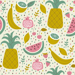 Seamless Pattern with Doodle Fruits and Berries. Vector Seamless Pattern with Fruits.
