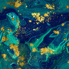 Fototapeta na wymiar Marbled seamless background. Liquid blue marble pattern. Golden glitter texture.