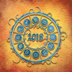 Astrological symbols in the circle. New Year and Christmas celebration card template. Zodiac circle with 2018 new year number. Grunge concrete wall texture