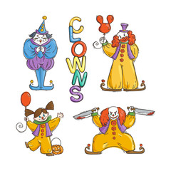 Set of happy and angry clowns. Halloween illustration.