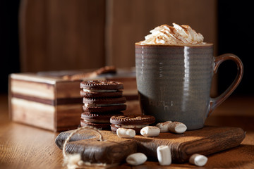 Aroma coffee candy chocolate cookies and spices on the wooden table. Christmas sweets. Dark wooden background. Close. Closeup.