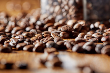 Aroma coffee chocolate cookies and spices on the wooden table. Dark wooden background. Top view. Close. Closeup.