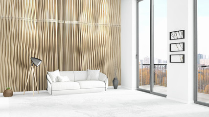 Brand new white loft bedroom minimal style interior design with copyspace wall and view out of window. 3D Rendering.
