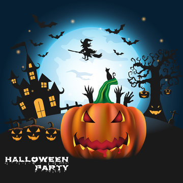 Happy Halloween background with pumpkin and zombies on the full moon backdrop. Trick or Treat Halloween carved pumpkins cartoon Vector illustration.
