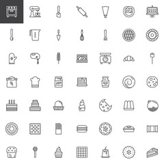Sweets dessert and kitchen utensils line icons set, outline vector symbol collection, linear style pictogram pack. Signs, logo illustration. Set includes icons as oven, sweets, chef hat, cake, dessert