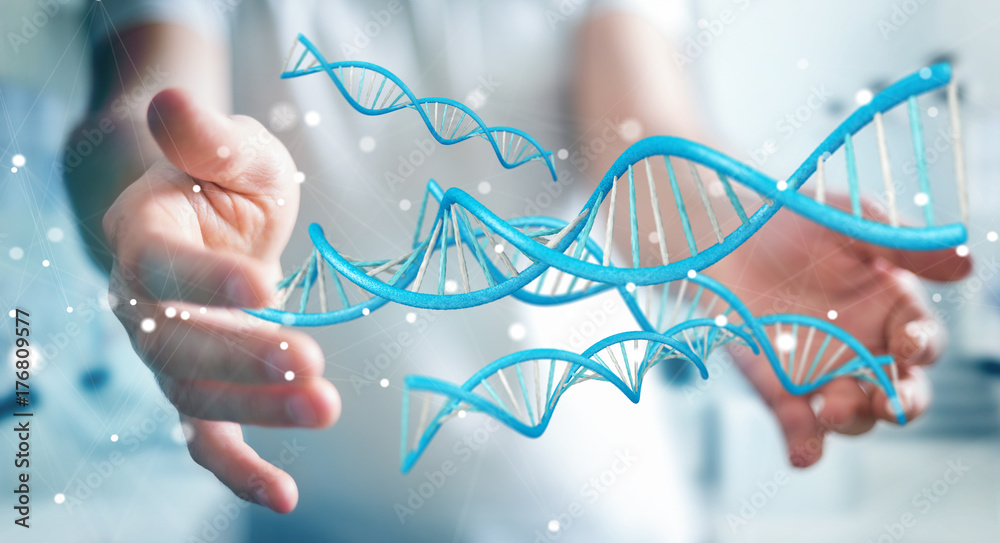 Poster Businessman using modern DNA structure 3D rendering