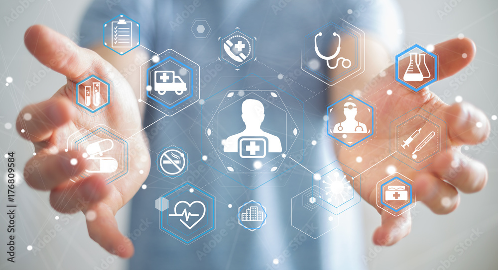Poster Businessman using modern medical interface 3D rendering