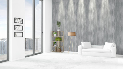 Brand new white loft bedroom minimal style interior design with copyspace wall and view out of window. 3D Rendering.