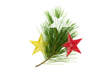 Fir tree branches with decorative toy stars isolated on white background. Christmas pine tree branches decoration isolated.