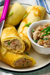 Blinis with force meat. selective focus