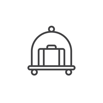 Hotel luggage cart with suitcase line icon, outline vector sign, linear style pictogram isolated on white. Symbol, logo illustration. Editable stroke