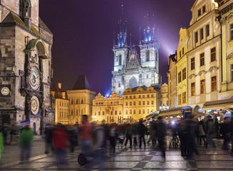 Night view of the Staromestske Square in Prague. Týnsky church and Prague astronomical clock