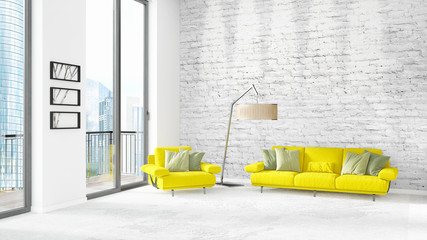 Brand new white loft bedroom minimal style interior design with copyspace wall and view out of...