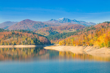 Panoramic view of Lokvarsko lake, beautiful colorful mountain autumn landscape, Lokve, Gorski kotar, Croatia 