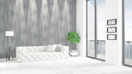 Brand new white loft bedroom minimal style interior design with copyspace wall and view out of window. 3D Rendering.