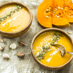 traditional autumn dish for Thanksgiving - pumpkin soup with garlic.