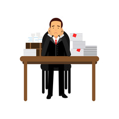 Stressed businessman character has a lot of work, overloaded office worker, business and financial failure, economic crisis vector Illustration