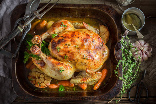 Crispy roasted chicken with thyme and garlic