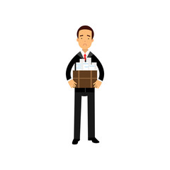 Unhappy businessman character leaving his work with box, economic crisis, employee job reduction, unemployment vector Illustration