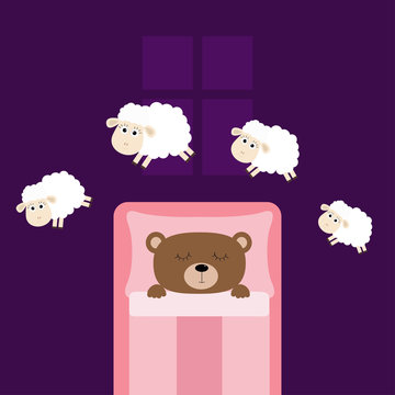 Cute Sleeping Bear. Jumping Sheeps. Cant Sleep Going To Bed Concept. Counting Sheep. Animal Set. Blanket Pillow Room Window. Baby Collection. Flat Design. Violet Background. Isolated.